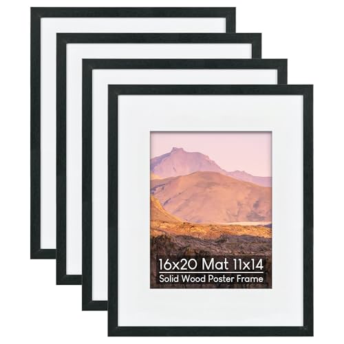 16x20 Picture Frame Set of 4 (with 11x14 Mat), Solid Wood with Plexiglass, Wall Mount Display, Large Poster Frames Collage Wall Décor, Black - color: Black, size: 16x20