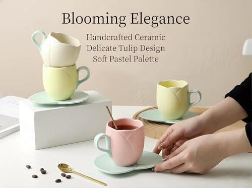 Ceramic Tulip Coffee Mug With Saucer Set, Comfortable Handle Tulip Flower Cup, Smooth Surface Heat-resistant Tea Cup For Office And Home (Pink) - color: Pink