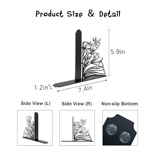 Metal Flower & Book Design Decorative Bookends – Cute Bookends for Shelves | Fun Reading Room Decor for Book Lovers, Black