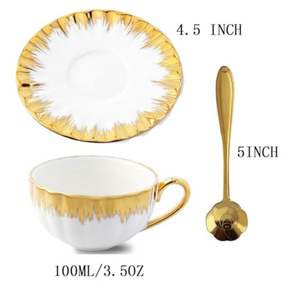 CHANJOON 6 Teacups Tea Tray Spoon Set, 6oz with Galvanized Gold Rim and Gift Box, Ceramic White English Coffee Teacup (gold, medium) - color: Gold, size: medium