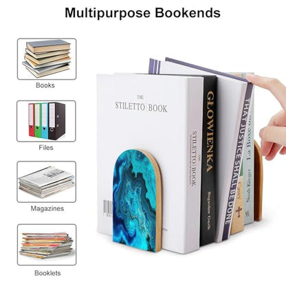Bright Aqua Blue Turquoise Book Ends for Shelves Decorative Wooden Bookends Heavy Duty Non-Skid Book Stopper Modern Book Holder Cute Book Organizer for Home Office Library Desk Decor