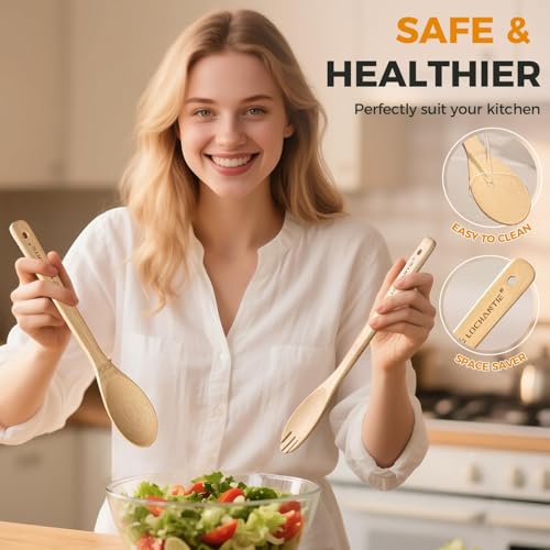 Wooden Spoons for Cooking Bamboo Utensils Set (6 Pieces) - Essential Tools Wooden Spoons & Spatula for Everyday Stirring, Mixing, Flipping & Serving, Gentle on Nonstick Cookware