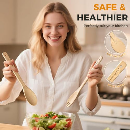 Wooden Spoons for Cooking Bamboo Utensils Set (6 Pieces) - Essential Tools Wooden Spoons & Spatula for Everyday Stirring, Mixing, Flipping & Serving, Gentle on Nonstick Cookware