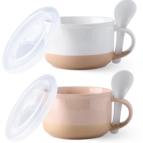 GBhome Ceramic Soup Mugs with Handles and Lids,24 OZ Soup Cups Set of 2 | Terracotta Underside,Mug Bowls with Spoon for Soup/Cereal/Salad/Noodles/Ramen/Microware &Dishwasher Safe-White &Peach - color: White &Peach
