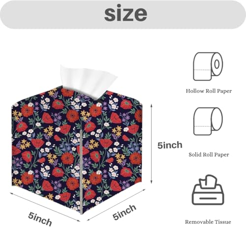 Floral Tissue Box Cover, Tissue Box Holder for Home, Kitchen, 5x5IN - color: Red Flower 376