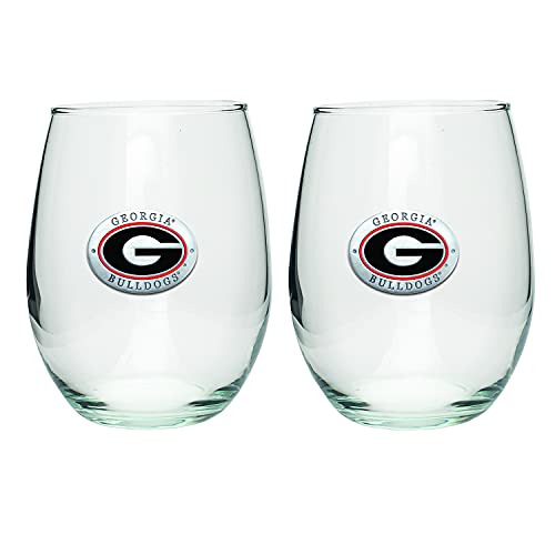 Heritage Pewter Georgia Bulldogs Stemless Glass Goblets – Set of 2 | 15 OZ Goblet Wine Glasses | Expertly Crafted Pewter Glass - style: GEORGIA G, RED