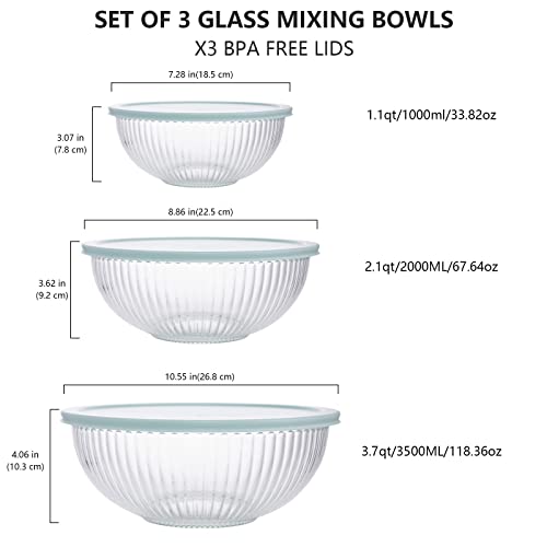 Luvan Glass Mixing Bowls with Lids Set(3.7QT, 2.1QT, 1.1QT),3PC Glass Nesting Bowl, Large Salad Bowls Sets with lids,Clear Cooking Bowl for Kitchen Prep,Food Storage,Baking,Microwave and Oven Safe - color: 3 Pack Sky Blue