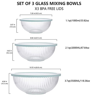 Luvan Glass Mixing Bowls with Lids Set(3.7QT, 2.1QT, 1.1QT),3PC Glass Nesting Bowl, Large Salad Bowls Sets with lids,Clear Cooking Bowl for Kitchen Prep,Food Storage,Baking,Microwave and Oven Safe - color: 3 Pack Sky Blue