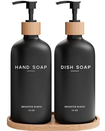 Black Glass Hand and Dish Soap Dispenser Set by Brighter Barns - Kitchen Soap Dispenser Set with Tray - Bamboo Pump Bottles for Kitchen Sink - Boho Modern Home Decor, Neutral Home Accessories (Black) - color: Black Hd