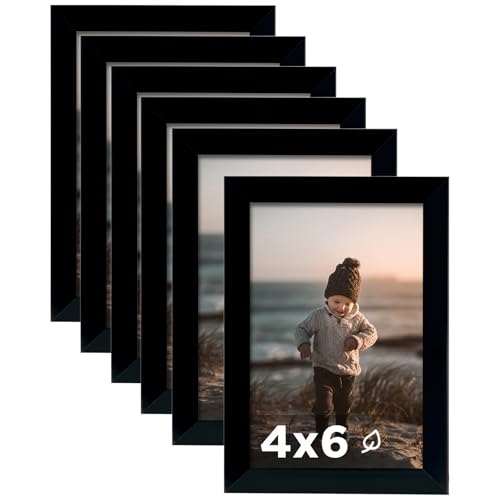 4x6 Picture Frame Black Set of 6 Wooden Photo Frames | 4 x 6 Picture Frame with Plexiglass Fits 4x6 without Mat for Table and Wall Display - color: Black, size: 4x6