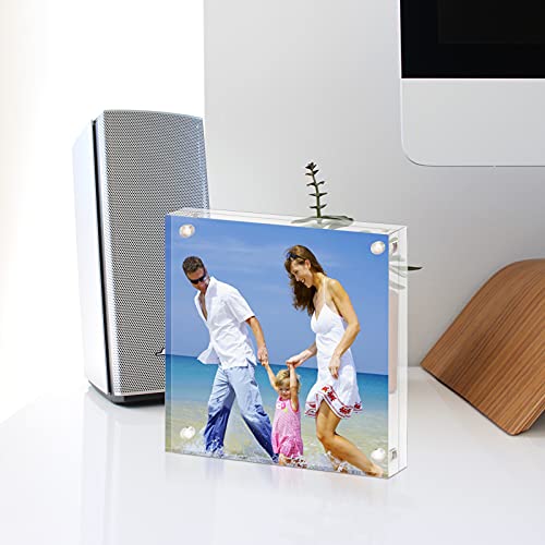 AMEITECH 4x4 Inch Acrylic Picture Frame, Clear Double Sided Block Acrylic Photo Frames, Desktop Frameless Magnetic Photo Frames | Double Sided Floating Magnetic Frames, 20mm Thick, Free Standing Desktop Display for Postcards, Pictures and Artworks - size: