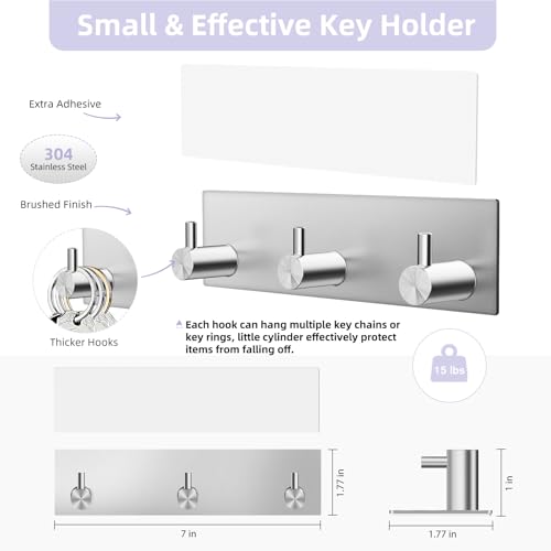 VIS'V Key Holder Wall Mount, Small Adhesive Key Hanger with 3 Hooks, Silver | Metal Material, No Drilling, Extra Adhesive Strip, Suitable for Entryway, Hallway, Doorway, Kitchen, Garage, Camper - color: Silver