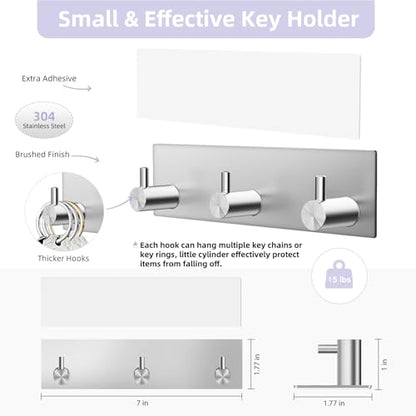 VIS'V Key Holder Wall Mount, Small Adhesive Key Hanger with 3 Hooks, Silver | Metal Material, No Drilling, Extra Adhesive Strip, Suitable for Entryway, Hallway, Doorway, Kitchen, Garage, Camper - color: Silver