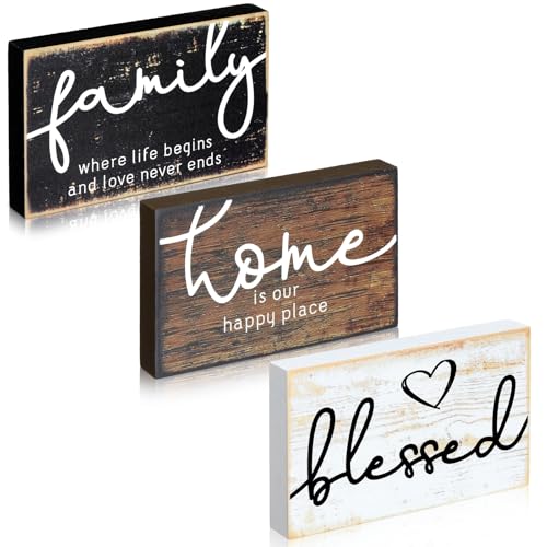 Jetec 3 Pcs Wooden Family Sign Rustic Blessed Home Wall Art Wood Wall Mini Decor Farmhouse Table Shelve Decoration Sign for Bedroom Kitchen Living Room Table Decor (Rustic Color,4.25 x 2.76 x 0.59 in) - color: Rustic Color, size: 4.25 x 2.76 x 0.59 in