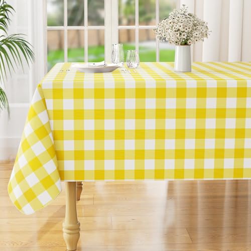 Square Waterproof Vinyl Table Cloth, Buffalo Flannel Backed Tablecloth, Wipeable Plastic Table Cover for Dinner, Kitchen, Outdoor (54" x 54", Yellow and White) - color: Yellow and White, size: 54" x 54" (Square)
