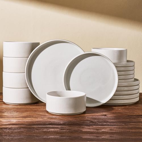Stoneware Dinnerware Set for 8, Matte White Reactive Glaze | 24-Piece Ceramic Plates and Bowls, Handmade Ribbed Dishes, Daily Use, Microwave & Dishwasher Safe, Chip & Scratch Resistant - color: Matte White, size: Service for 8 (24pc)