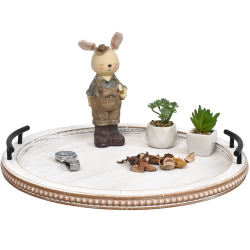 SwallowLiving 18Inch White Wooden Beaded Serving Tray with Handle Decorative Rustic Whitewashed Tray for Coffee Table Farmhouse Round Tray for Kitchen, Living Room and Bedroom - color: White, size: 18"