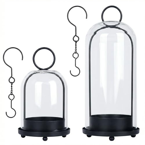 Fohil 5" & 4" Hurricane Glass Candle Holders, Set of 2 Metal Candle Holder with Handmade Sturdy Glass Dome, Candle Lantern for Pillar Candles, Plants, Table Centerpiece, Home Decor - color: Black