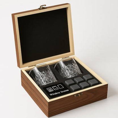Premium Whiskey Stones Gift Set with 2 Crystal Glasses, Wooden Box, 8 Granite Chilling Rocks