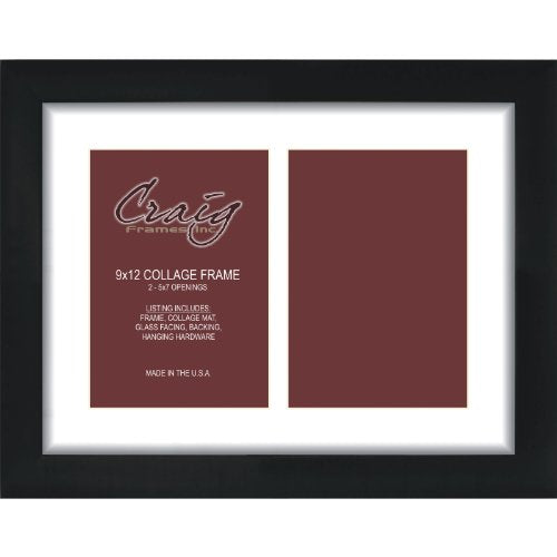 Craig Frames Contemporary, 9x12 Black Picture Frame with White Collage Mat, 2 Openings for 5x7 Prints - color: 2 5x7 Openings - 1" Border