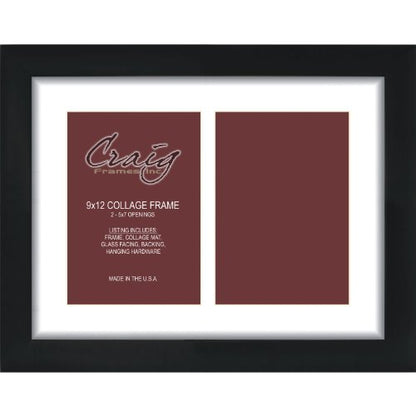 Craig Frames Contemporary, 9x12 Black Picture Frame with White Collage Mat, 2 Openings for 5x7 Prints - color: 2 5x7 Openings - 1" Border