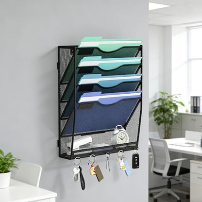 Gawerk 5-Tier Hanging Wall File Organizer with 5 Hooks - Wall Mounted Mail Paper Document Folder Holder, Sturdy Mesh Magazine Rack for Office Home - size: 4+1 Tier