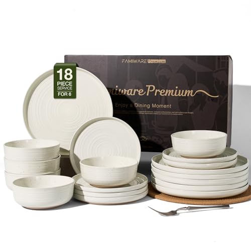 Stoneware Dinnerware Set for 6, Plates and Bowls, Cream | 18 pcs Speckled Spiral Coupe Dishes, Chip & Scratch Resistant Everyday Ceramics, Microwave & Dishwasher Safe, Farmhouse Style - color: Cream, size: Service for 6 (18pc)