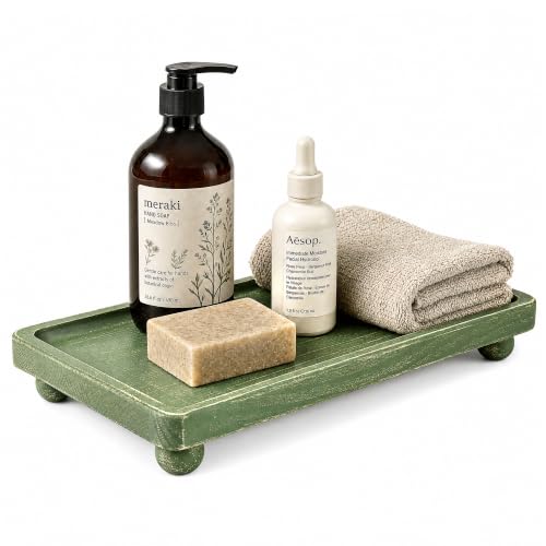 Pine Wood Farmhouse Bathroom Tray for Kitchen Counter, Sink, Vanity, Green | Raised ball feet, Rounded edge, Waterproof bathroom decorations, Ideal for candle & perfume holder, Sage green decor - color: Green
