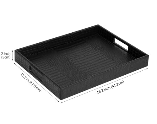 HofferRuffer Rectangle Serving Tray with Hole Handles for Coffee Table, Breakfast, Tea, Food, Butler - Countertop, Kitchen, Vanity Serve Tray, 16.2 x 12.2 x 2 inches, Faux Leather (Black Croco) - color: Black Croco