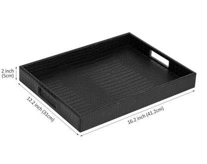 HofferRuffer Rectangle Serving Tray with Hole Handles for Coffee Table, Breakfast, Tea, Food, Butler - Countertop, Kitchen, Vanity Serve Tray, 16.2 x 12.2 x 2 inches, Faux Leather (Black Croco) - color: Black Croco