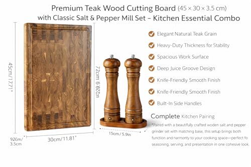 Teak Wood Cutting Board with Salt & Pepper Mill Set For Kitchen - High-End Non Slip Solid Thick Wood Haus Chopping Board with Juice Groove Large Size Best Kitchen Essential House Warming Gift Set