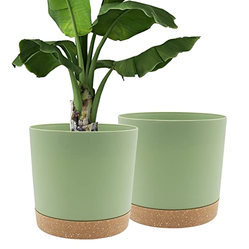 QCQHDU 12 inch Plant Pot, 2 Pack Planters for Indoor Plants with Drainage Holes & Saucer, Outdoor Flower Pots Home Garden Modern Decor - color: Green, size: 12 Inch