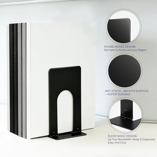 Book Ends for Shelves, 4 Pack Metal Bookends, Compact Book Stopper for Small Books, CDs, Vinyl Records, Desk & Classroom Organizer, 3.9x2.8x5.2 Inch, Gift for Book Lovers