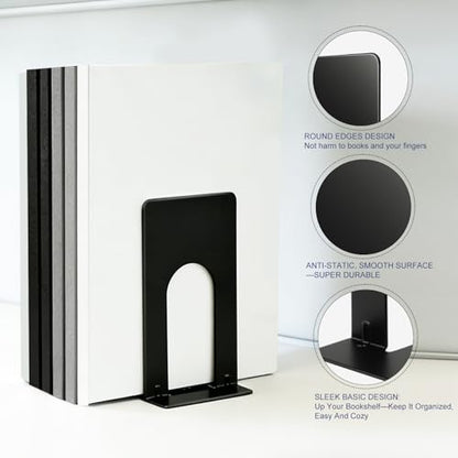 Book Ends for Shelves, 4 Pack Metal Bookends, Compact Book Stopper for Small Books, CDs, Vinyl Records, Desk & Classroom Organizer, 3.9x2.8x5.2 Inch, Gift for Book Lovers