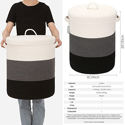 Sea Team Large Woven Cotton Rope Laundry Basket with Lid, 20 x 16 in | Collapsible Knitted Hamper with Handles, Lidded Closet Shelf Organizers for Clothing, Blankets, Toys, Bedding, Black - color: White & Black