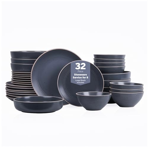 Stone Lain Lauren Stoneware, Rustic Plates and Bowls Set, Dinnerware, Service for 8, Speckled Charcoal, Dishwasher & Microwave Safe, 32-Piece - color: Charcoal, size: 32-Piece Service for 8