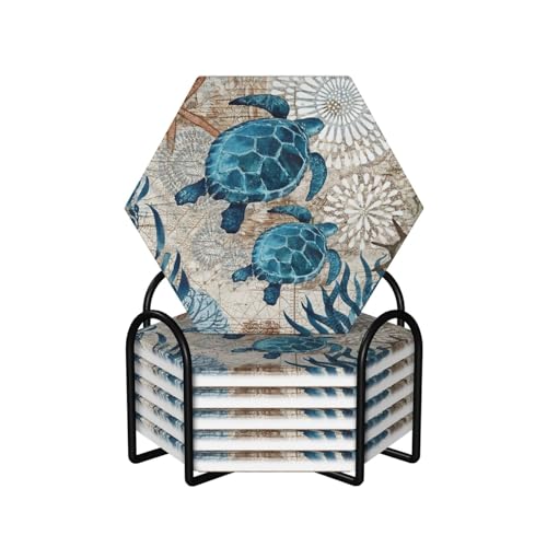 Coastal Green/Blue Turtle Drinks Coasters Absorbent Stone with Holder Set of 6, Funny Tropical Nautical Ocean Beach Starfish Conch Hexagon Ceramic Coaster for Coffee Table Protection (Hexagonal) - color: Nautical Beach Turtle, size: Hexagon
