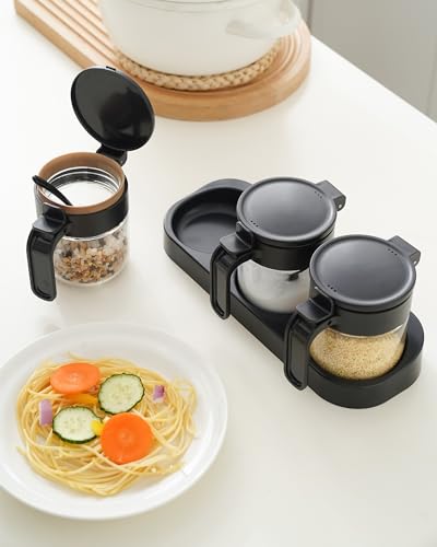 3 Pack Airtight Glass Spice Jars with Spoons, Lead-Free Condiment Container Set with Silicone Seal Ring, Honey Dippers, Tray, Labels and Wall Mount Adhesive for Sugar, Salt, Coffee Bar, Black - color: BLACK