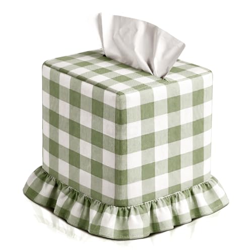 Green Gingham Tissue Box with Ruffled Cover Cottagecore Handmade Decorative Gingham Napkin Holder for Home Bedroom Living Room Bathroom Vanity Countertop Car Office Kitchen - color: Green