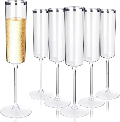 Ciaell 24 Pack Silver Plastic Champagne Flutes for Weddings Birthdays | 6 oz Silver Rim Square Toasting Cups, Heavy Duty Plastic, Champagne Wine Mimosas for Anniversaries Parties Bars - color: Silver, size: 6 oz