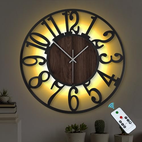 LEIKE Large Wall Clock 20'' Lighted Rustic Wood Clock with Remote Timer, Silent Battery Operated Modern Oversized Wall Clock for Living Room, Bedroom, Farmhouse, Home Decor, Large Number Display - color: Brown-arabic, size: 20 Inch