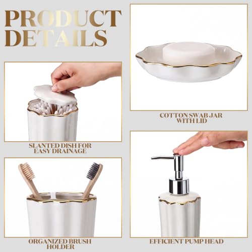 Zhehao Scalloped Bathroom Ceramic Accessories Set 4 Pcs Bathroom Accessory Sets with Toothbrush Holder Soap Dispenser Soap Dish Cotton Swab Jar Bathrooms Countertop Organizer(Gold) - color: Gold