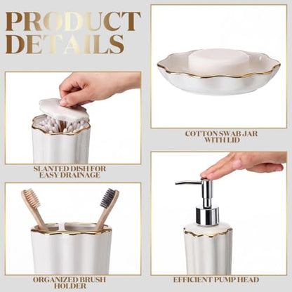 Zhehao Scalloped Bathroom Ceramic Accessories Set 4 Pcs Bathroom Accessory Sets with Toothbrush Holder Soap Dispenser Soap Dish Cotton Swab Jar Bathrooms Countertop Organizer(Gold) - color: Gold