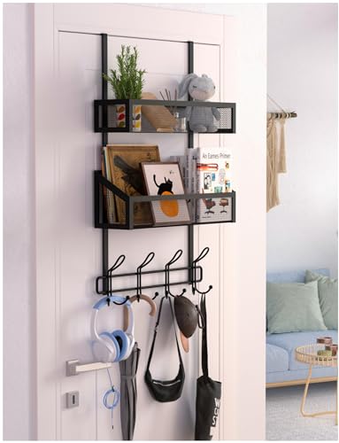 Over The Door Hooks Organizer Storage - Over The Door Hanger for Coat Rack, Storage with 12 Hook & 2 Mesh Baskets, for Bathroom,Bedroom,Kitchen,Office (2Tier Basket with 12 Hooks) - size: 3-Tier with 12 hooks