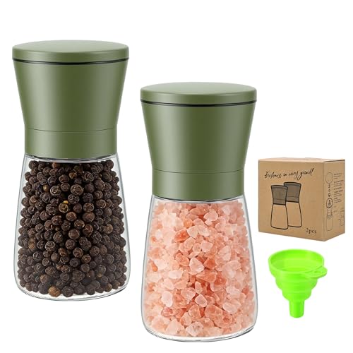 R DRURLCD Sage Green Stainless Steel Sea Salt and Pepper Grinder Set of 2 - Adjustable Ceramic Glass Salt and Pepper Shakers - Kitchen Pepper Mill & Salt Mill W/Funnel - color: Green, size: 2PK