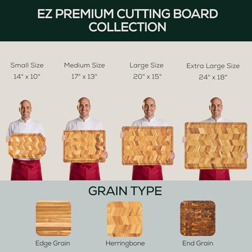 EZ FURNITURE Medium (M) Teak End Grain Cutting Board, Reversible, Knife-Friendly Charcuterie Wood Cutting Board with Juice Groove & Handles, Non-Toxic, Gift Box Included (7" x 13" x 1.5") - color: M - Teak End Gain, size: 17"L x 13"W