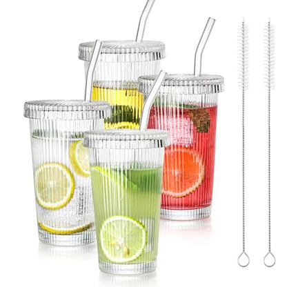 Drinking Glasses Set of 4,Ribbed Cocktail Glasses Set,Origami Style Water Glass Cups with Lids,Straws and 2 Straw Brushes for Iced Coffee, Juice,Smoothie
