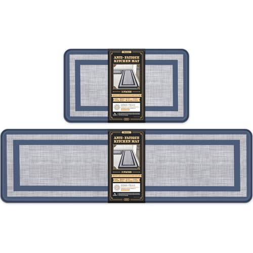 Mattitude Kitchen Mats Set of 2,Cushioned Anti-Fatigue Non-Skid Rug Sets | Ergonomic Comfort PVC Kitchen Mats for Floor,Soft Standing Mat for Kitchen,Floor,Office,Sink,Laundry, Blue Frame - color: Blue Frame, size: 17.3" x 59 "+ 17.3" x 29 "--0.47 inches