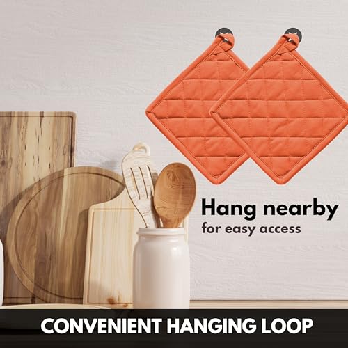 Oven Mitt (7"x13") & Pot Holder (8"x8") 100% Cotton Set of Heat Resistant Oven Gloves & Hot Pads for Gifts, BBQ, Cooking, Baking, Thanksgiving - Orange - color: Orange