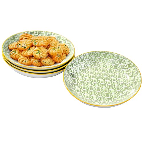 4-Piece Ceramic Salad Plate Set, 7-Inch Round Dessert Plates with Green Wave Motif & Yellow Rim, Multi-Purpose Small Serving Bowls for Appetizers & Snacks, Microwave & Dishwasher Safe, Stackable - color: GBL